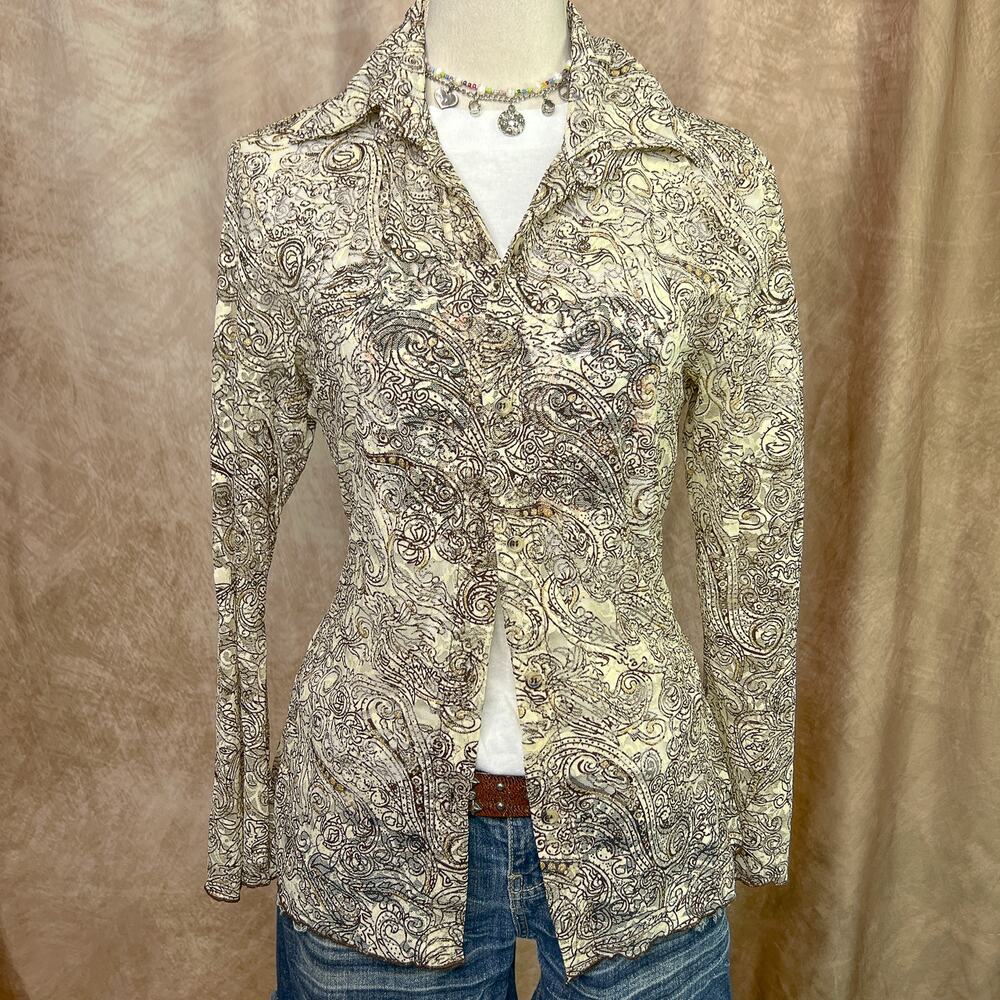 Paisley Mesh Button Up Shirt Sheer Cream Brown Glitter Top Vintage 90s Western